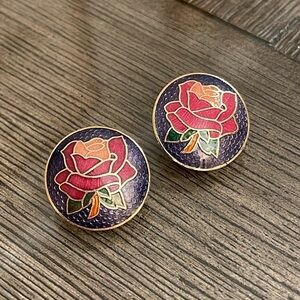 Vintage Round Cloisonné Earrings with Rose Design